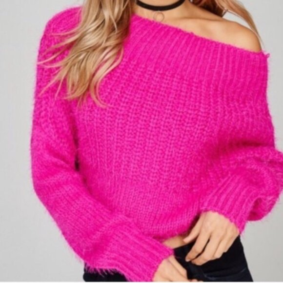 Main Strip On/Off Shoulder Chunky Knit Barbiecore Sweater Slouchy Oversized-S/M - Picture 1 of 12